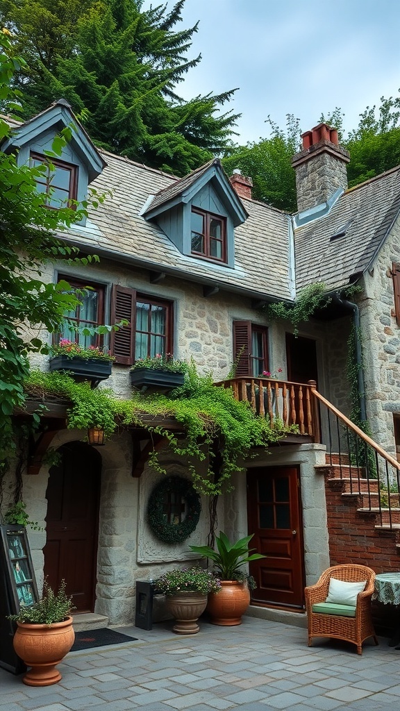A charming rustic cottage with stone facade, wooden accents, and lush greenery.