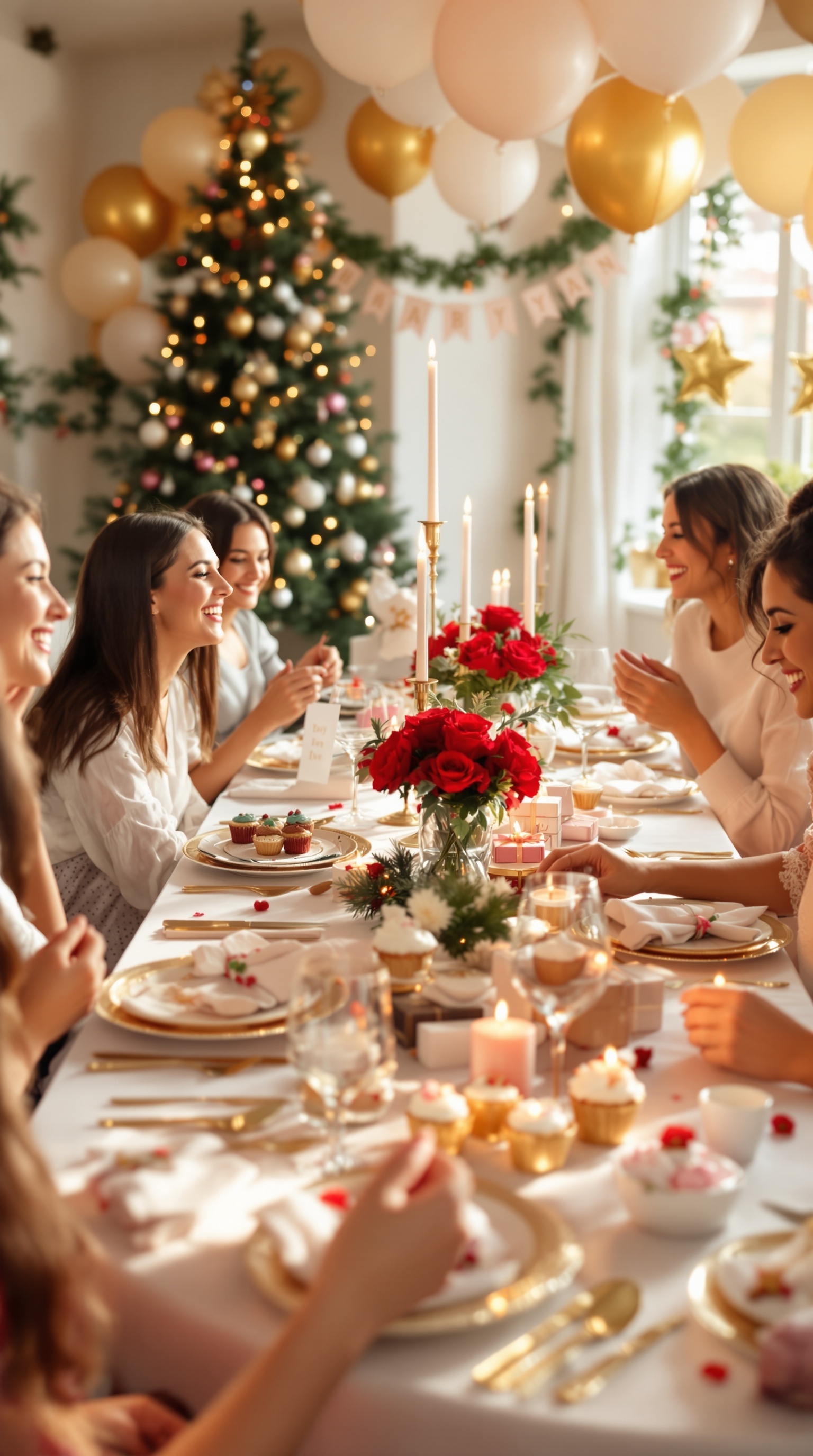 A beautifully decorated table for a Christmas baby shower with friends enjoying the celebration.