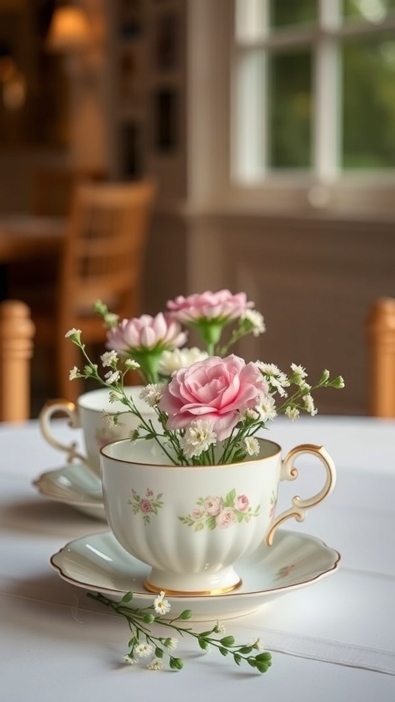 Charming tea cups with flowers, perfect for wedding centerpieces
