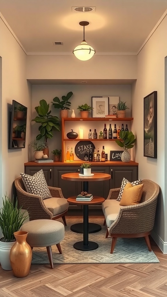 A cozy tiny bar nook featuring a wooden shelf with drinks, comfortable seating, and plants.