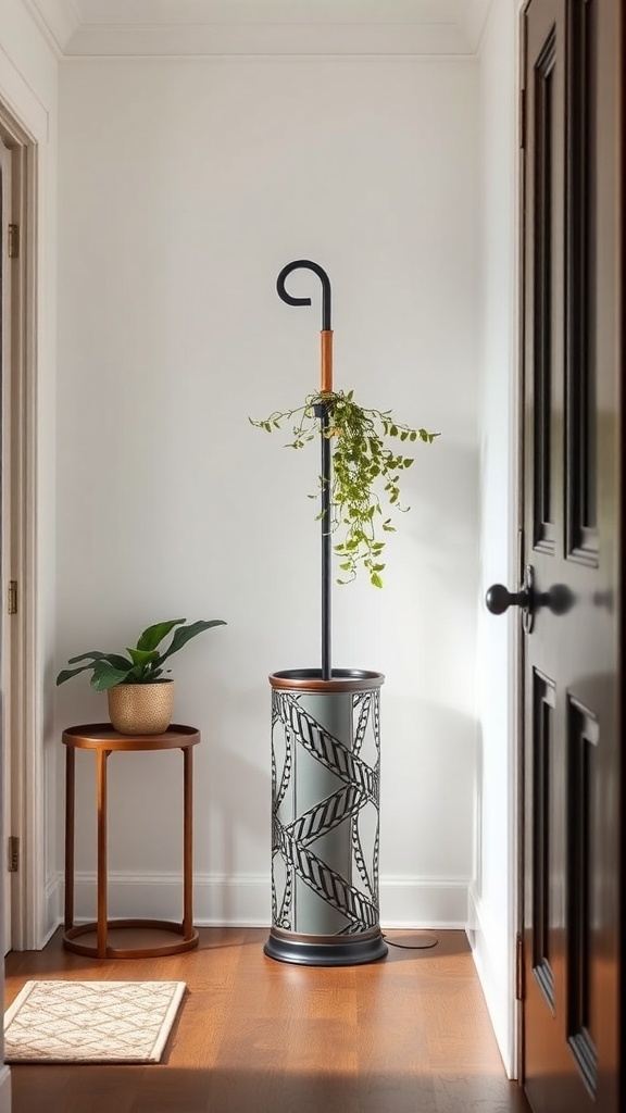 Stylish umbrella stand with a plant in a small entryway