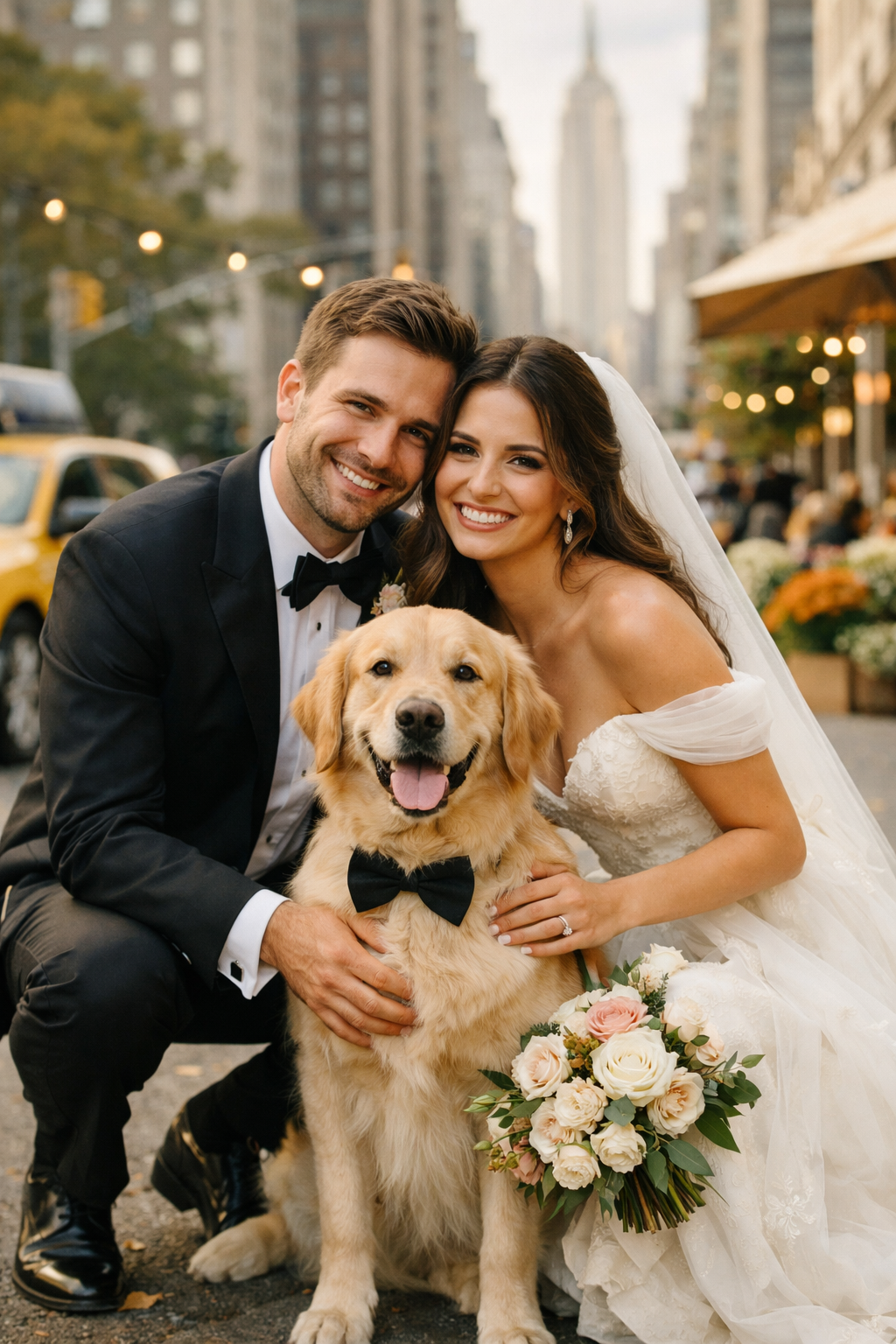 Couple in engagement photo with their golden retriever in a city street setting