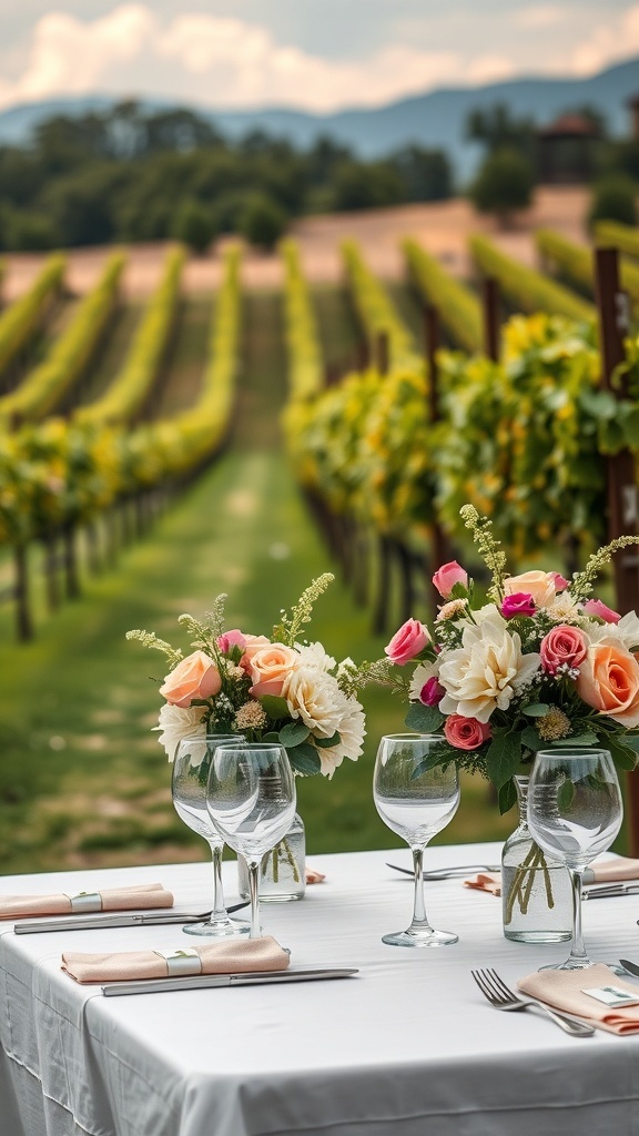 Outdoor bridal shower setup in a vineyard with floral centerpieces.