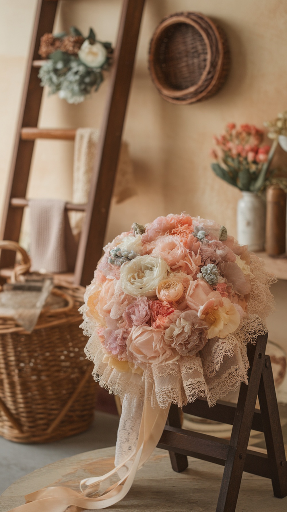 A vintage-inspired bouquet with pastel flowers, lace, and ribbons, displayed on a wooden ladder in a rustic setting.