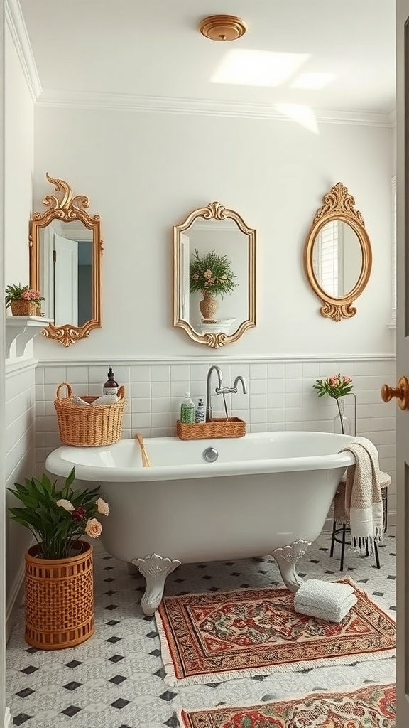 A cozy bathroom featuring a clawfoot tub, vintage mirrors, and natural decor elements.