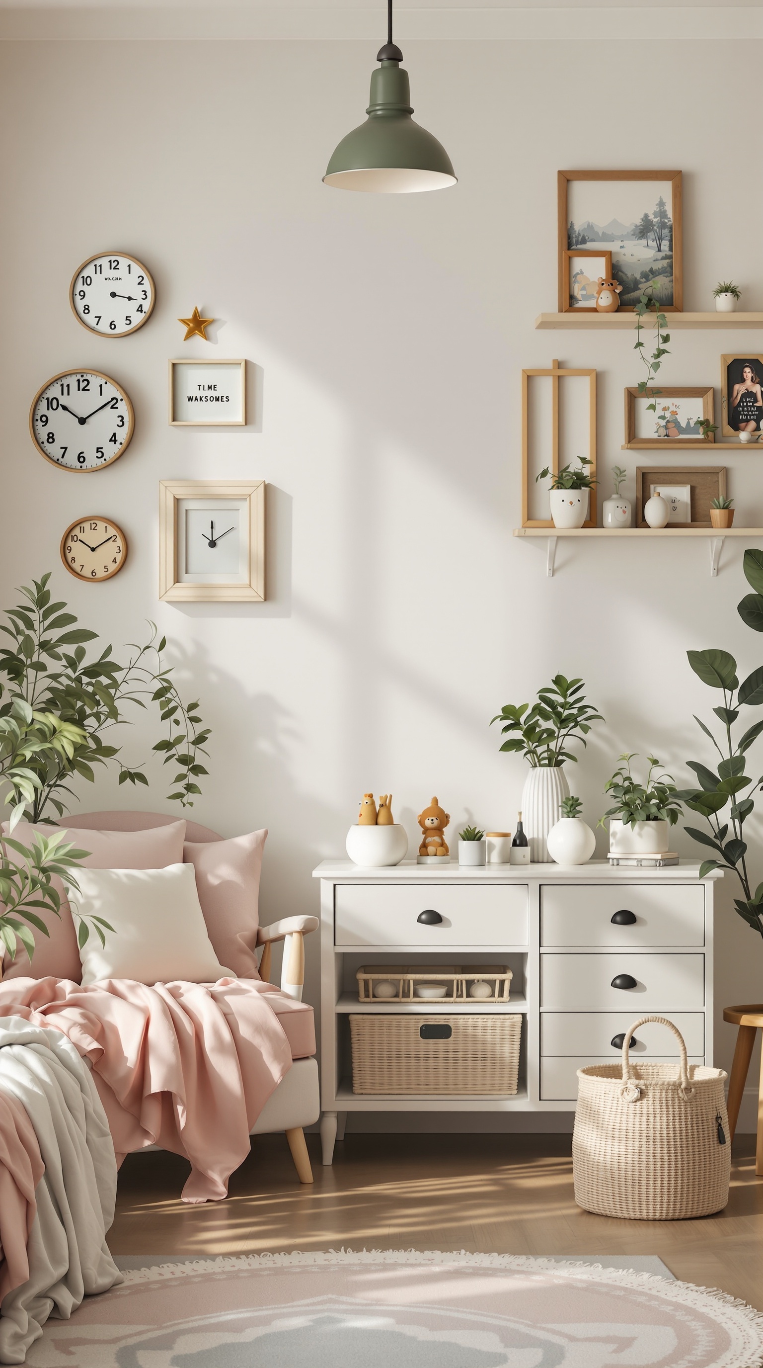 A charming vintage kids room featuring soft pink tones, wooden furniture, clocks, plants, and playful decor.