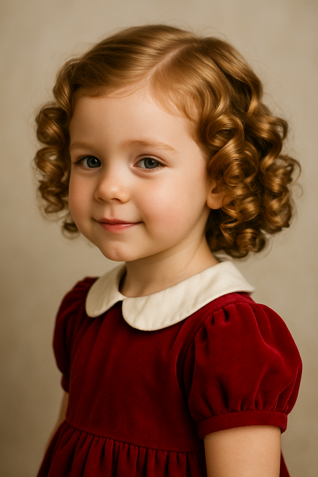 A young girl with charming vintage curls wearing a red dress with a white collar.