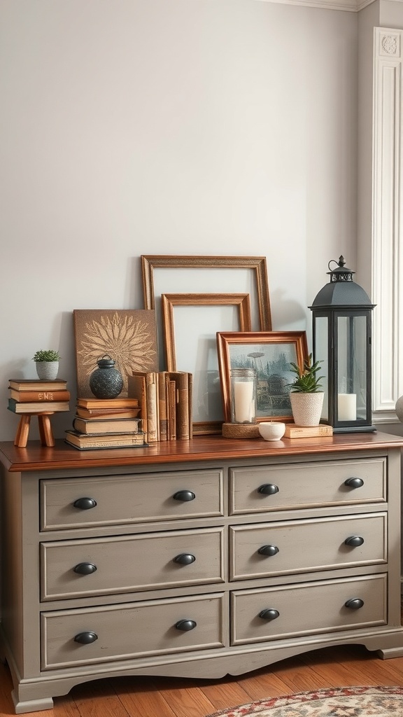 A vintage dresser with books, framed art, a lantern, and plants in a cozy bedroom setting.