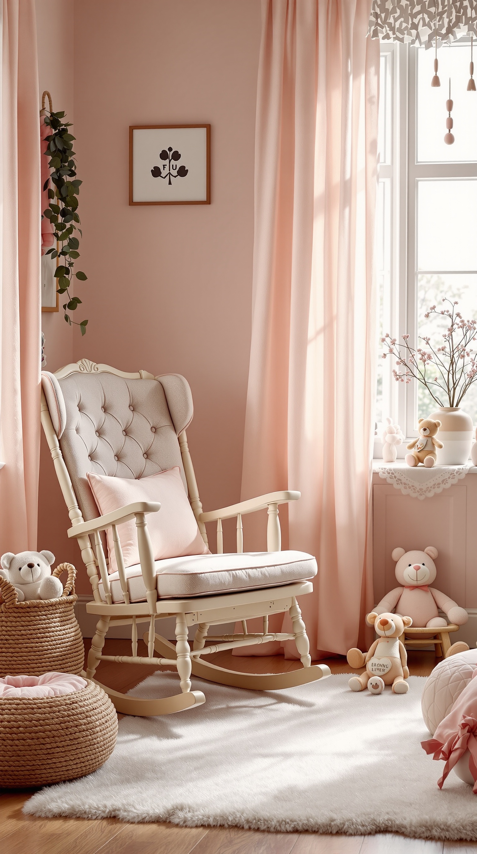 A cozy vintage nursery with pink walls, a rocking chair, and soft toys.