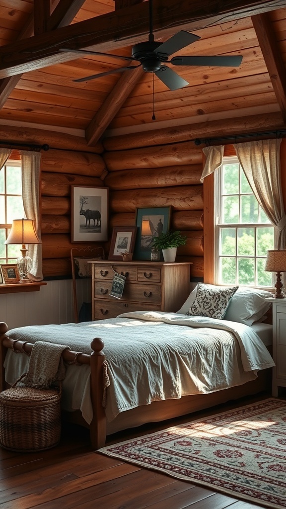 Cozy cabin bedroom with wooden walls, a bed with soft linens, and vintage decor.