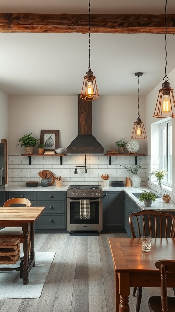 A modern kitchen with vintage pendant lights, wooden beams, and a cozy atmosphere.