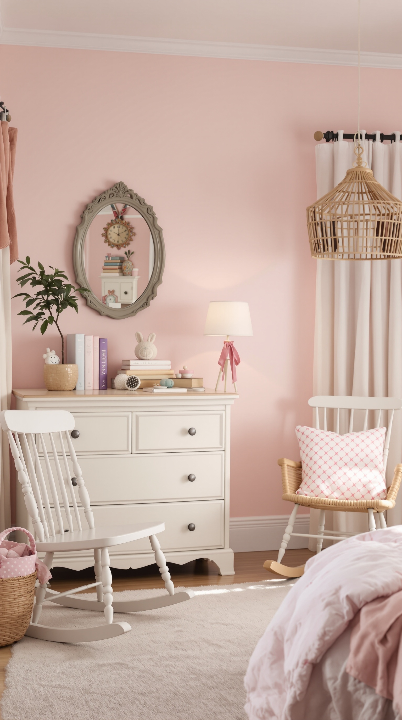 A charming toddler bedroom featuring vintage furniture, soft pink walls, and cozy decor.