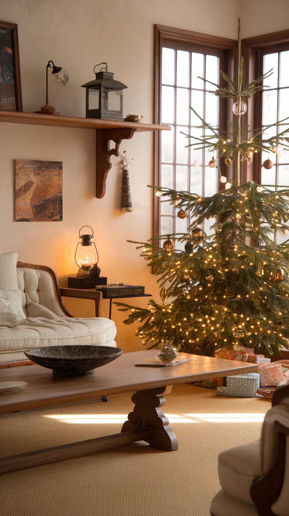 A cozy living room with a Christmas tree decorated with vintage lights and ornaments.