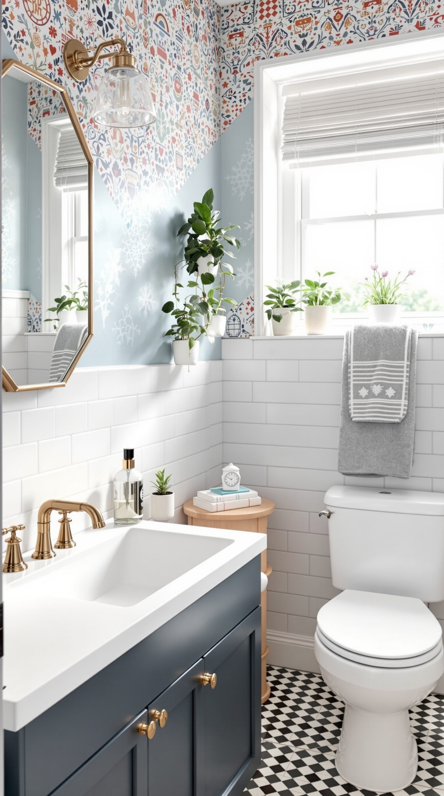 A charming kids' bathroom featuring vintage wallpaper, plants, and stylish fixtures.