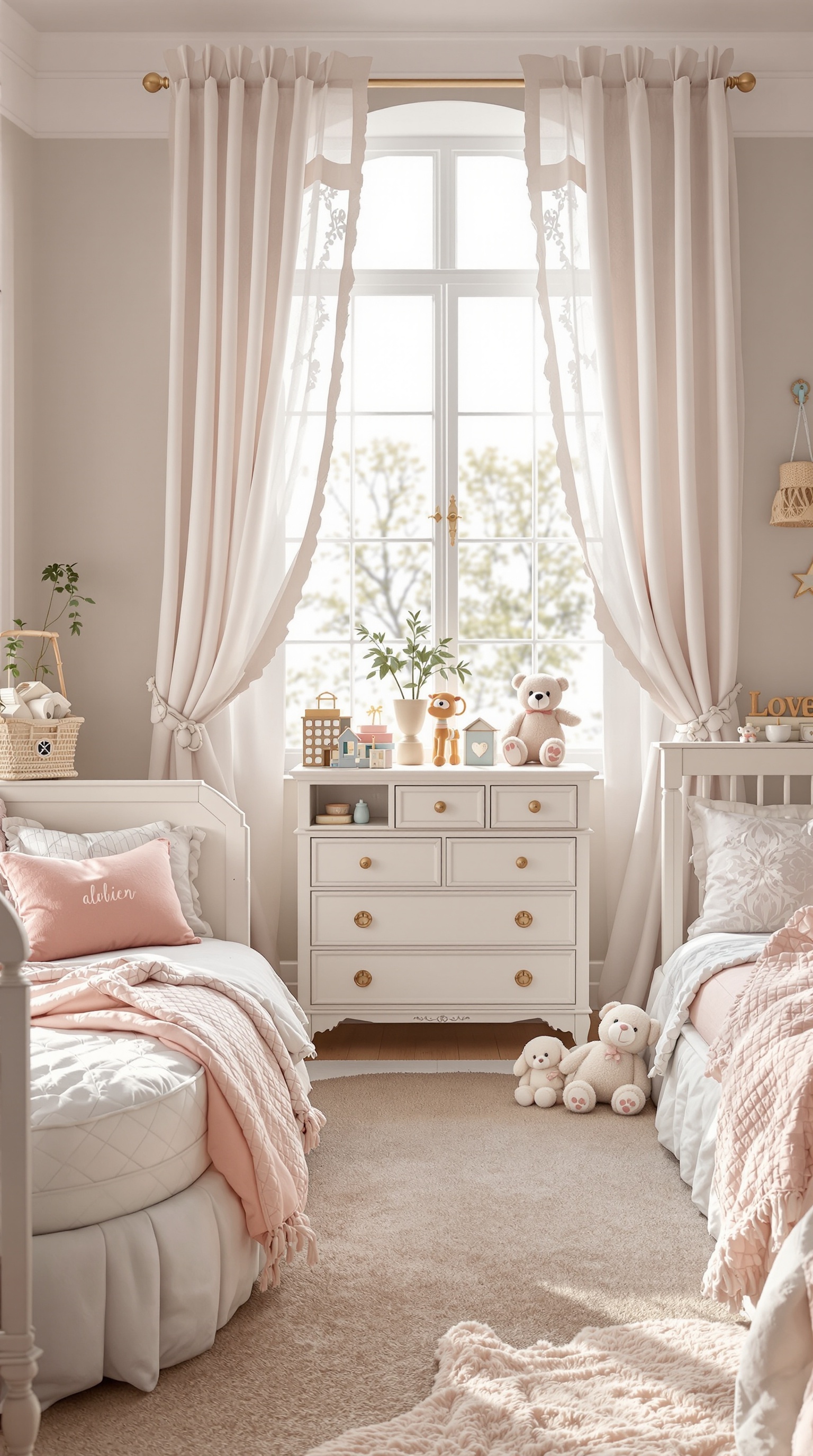 A cozy toddler girl's bedroom featuring two beds with pink accents, a vintage dresser, and soft curtains.