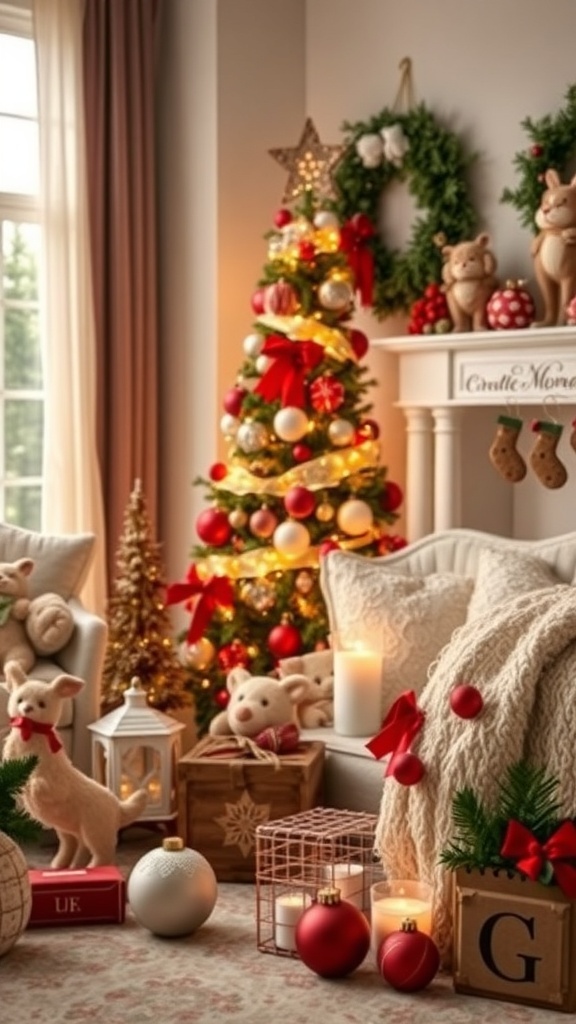 Cozy vintage Christmas decor with a decorated tree, plush toys, and warm lighting.