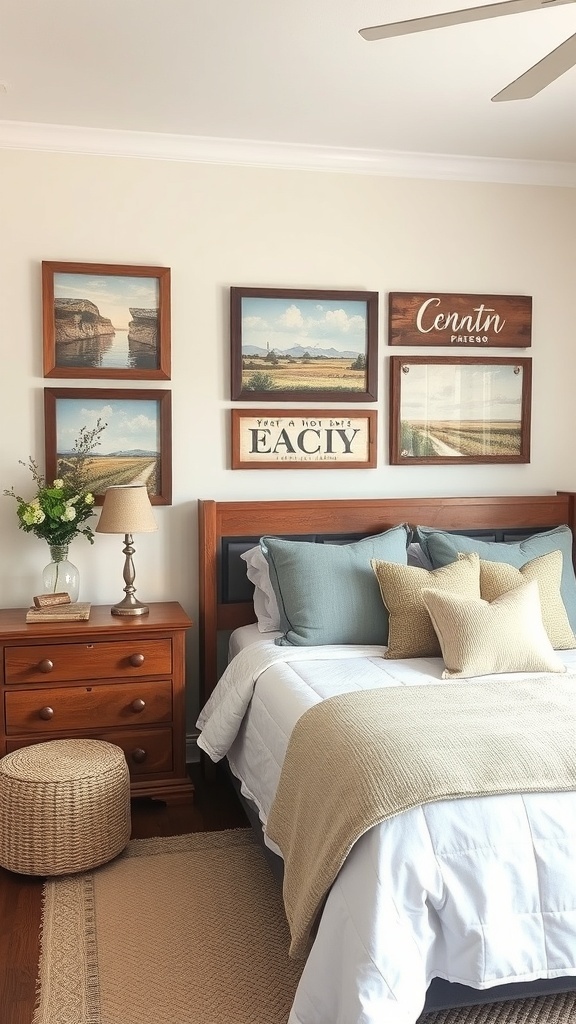 Farmhouse bedroom with charming wall art and cozy decor