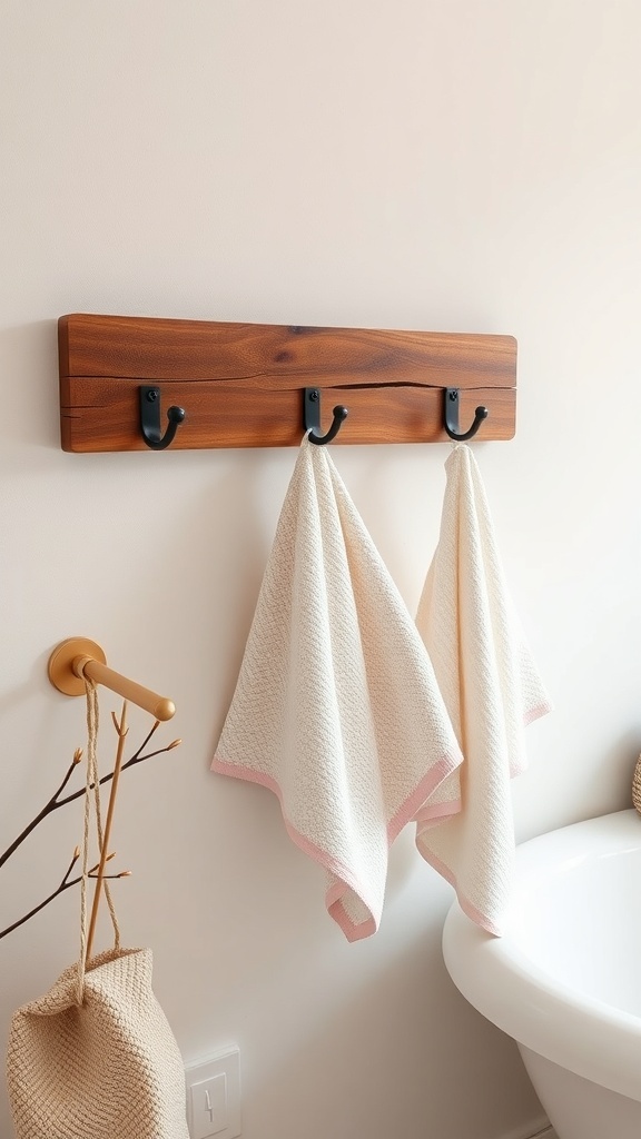 Wooden wall hooks with towels in a cottagecore bathroom setting