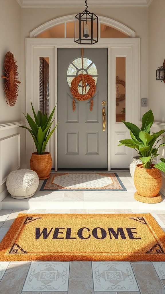 A charming entryway featuring an orange welcome mat, decorative plants, and a stylish door.