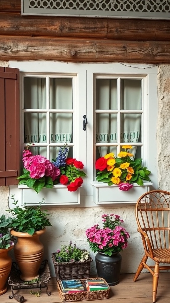 Charming window boxes filled with colorful flowers at a rustic cottage