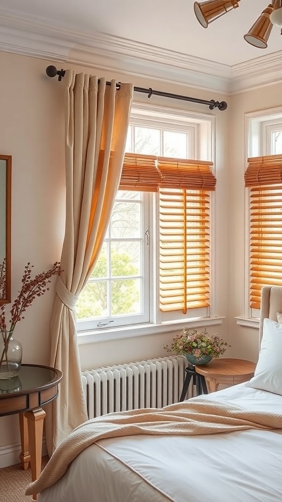 A modern farmhouse bedroom featuring wooden blinds and soft drapes on the windows.