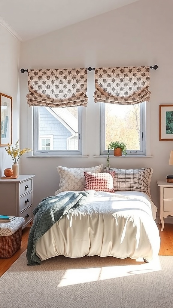 Charming window treatments in a preppy teen bedroom with patterned fabric and natural light.