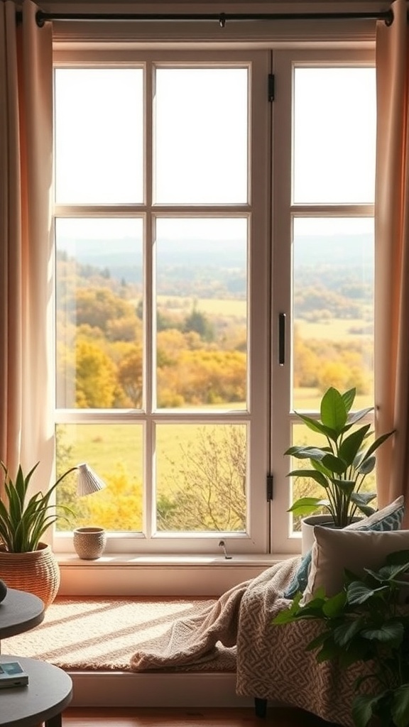 A cozy cottage window with a view of a scenic landscape, featuring plants and a soft blanket.