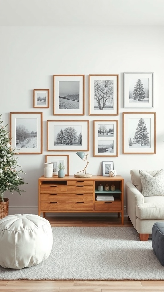 A cozy living room with winter-themed wall art featuring black and white photographs of snowy landscapes and trees.