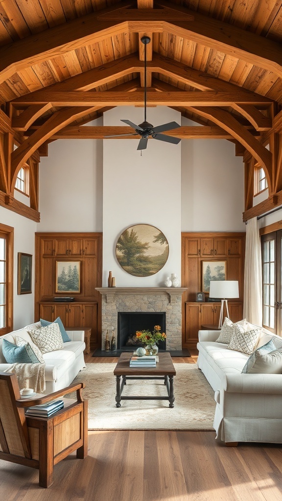 Cozy cottage living room with wood beams and paneling