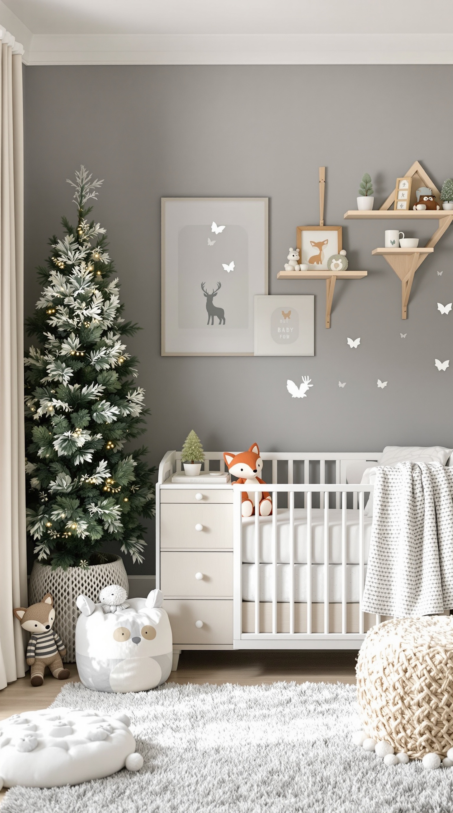 A baby boy's bedroom featuring woodland creature decor, a crib, and a cozy atmosphere.