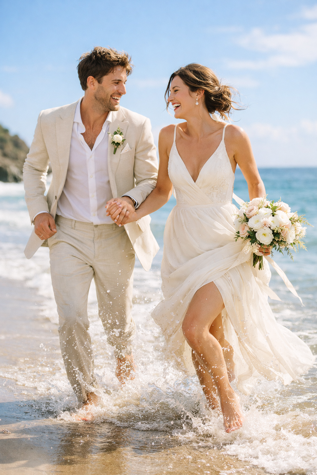 A happy couple running on the beach, splashing in the waves as they share a joyful moment.