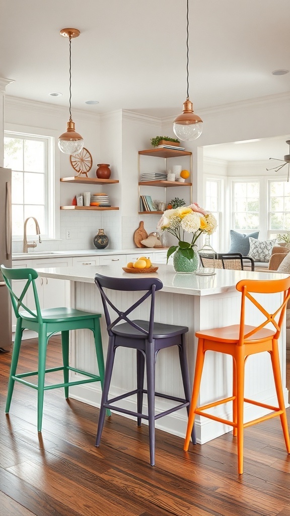 Colorful bar stools in a bright kitchen