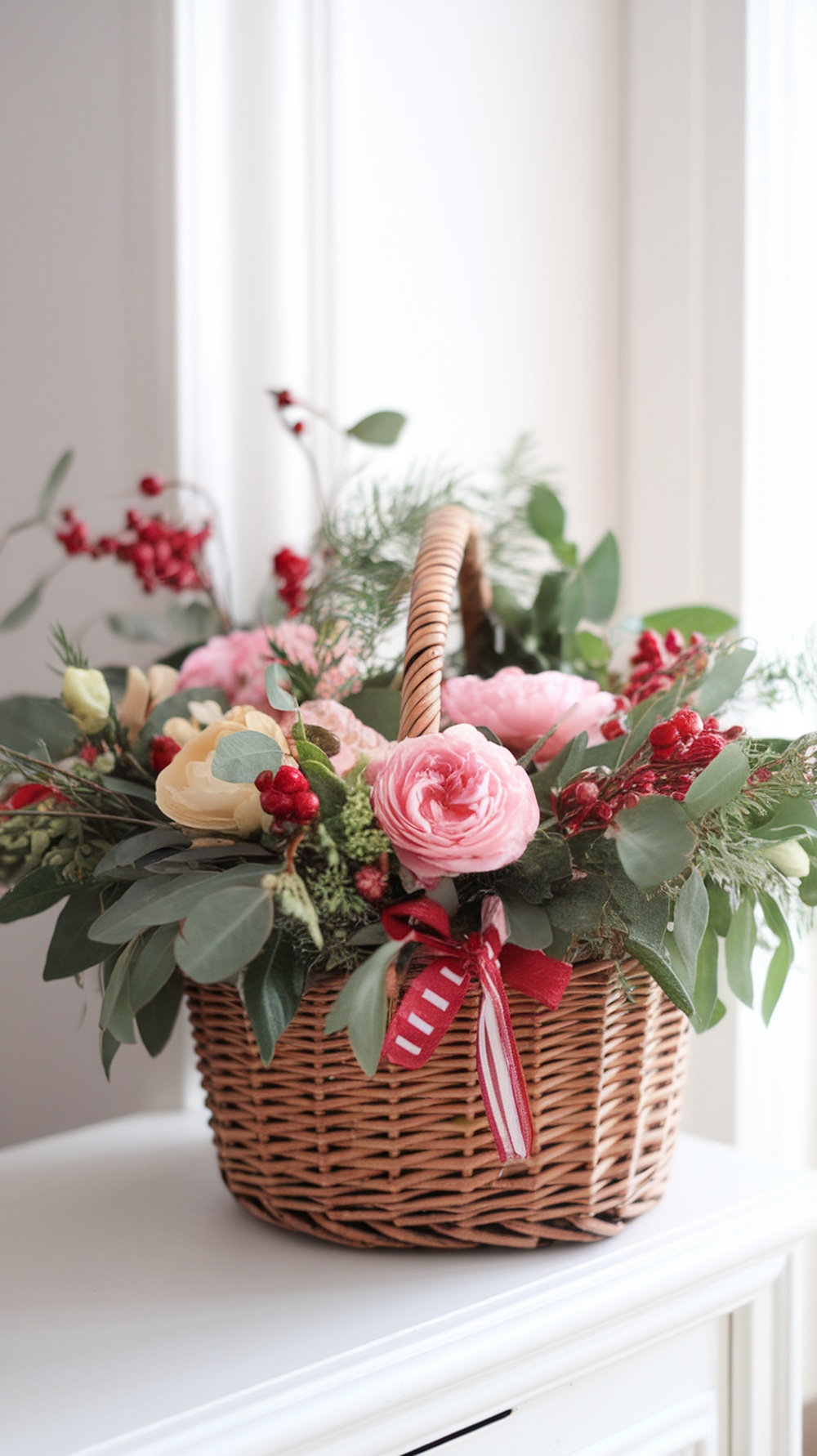A cheerful holiday flower basket with pink roses, red berries, and greenery, tied with a festive ribbon.