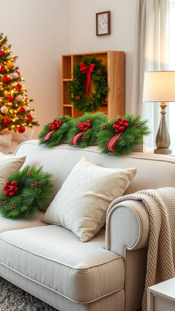 A cozy living room decorated for Christmas with wreaths on the couch and a Christmas tree in the background.