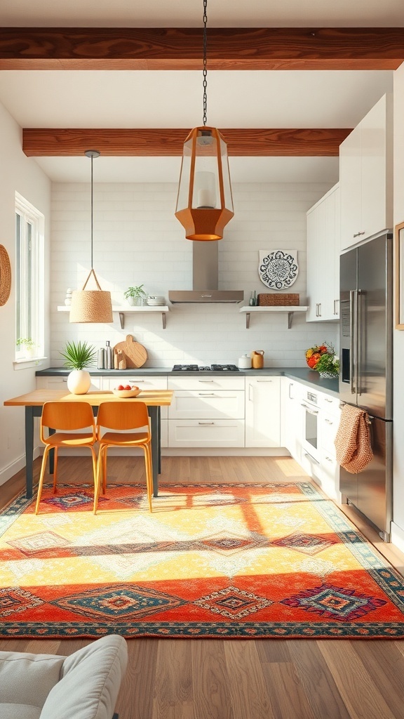 A colorful kitchen with a vibrant rug, wooden beams, and modern appliances.