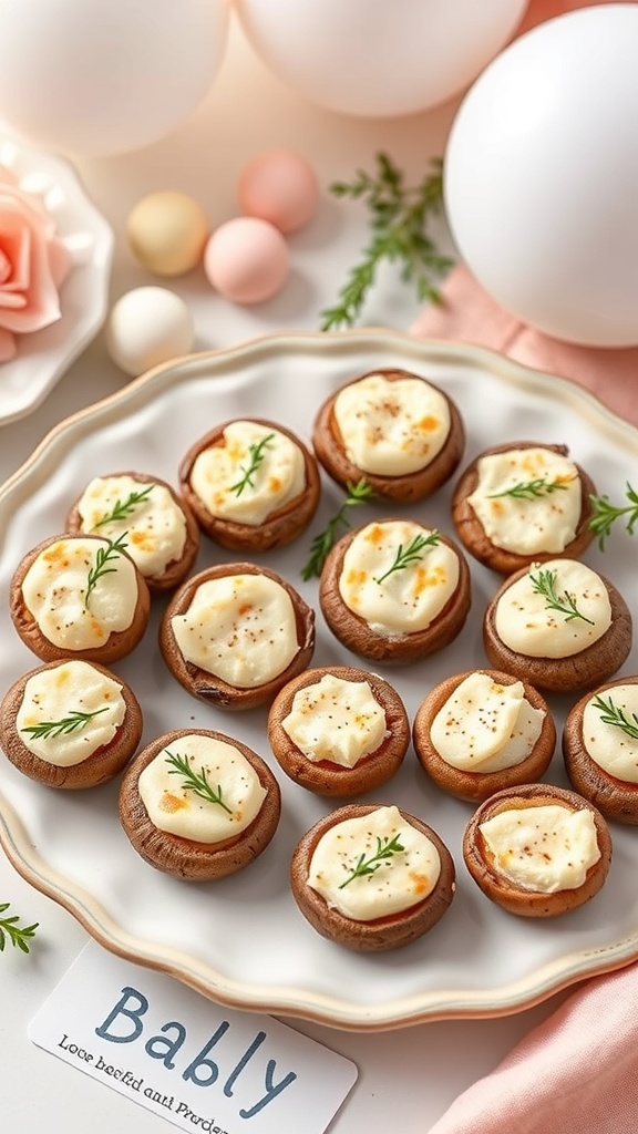 A plate of cheese-stuffed mushrooms garnished with herbs, perfect for a baby shower snack.
