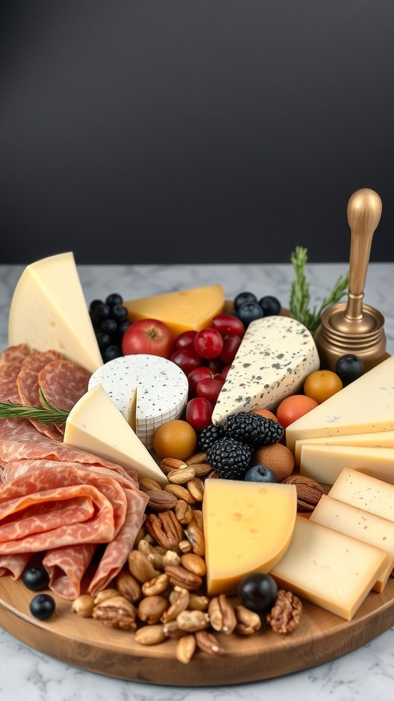 A beautifully arranged cheese and charcuterie board with various cheeses, cured meats, nuts, and fresh fruits.