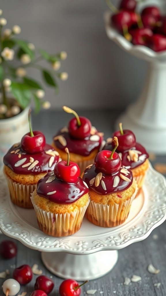 Delicious cherry almond cupcakes topped with cherry frosting and fresh cherries