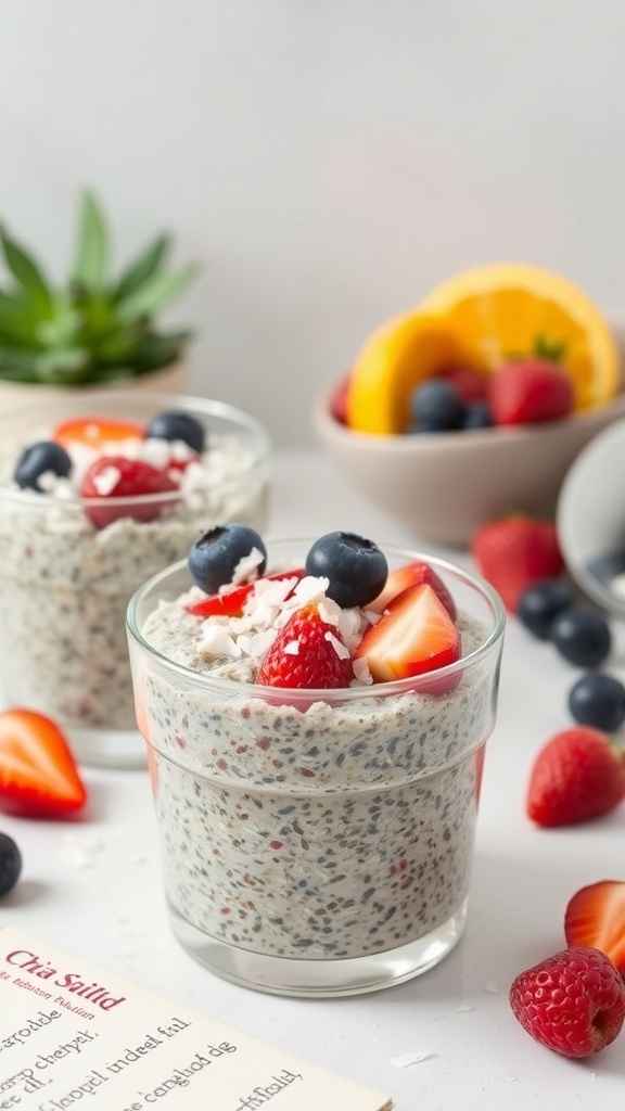 Chia seed pudding topped with fresh fruits and coconut flakes, served in clear glasses