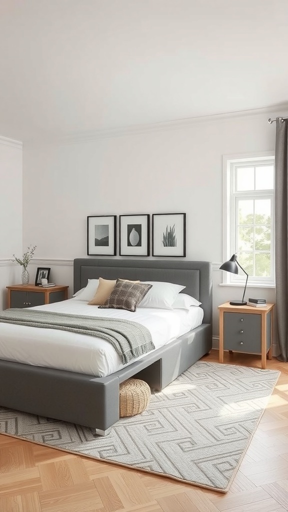A chic grey bed frame with storage drawers in a bright bedroom, complemented by light wood nightstands and decorative pillows.