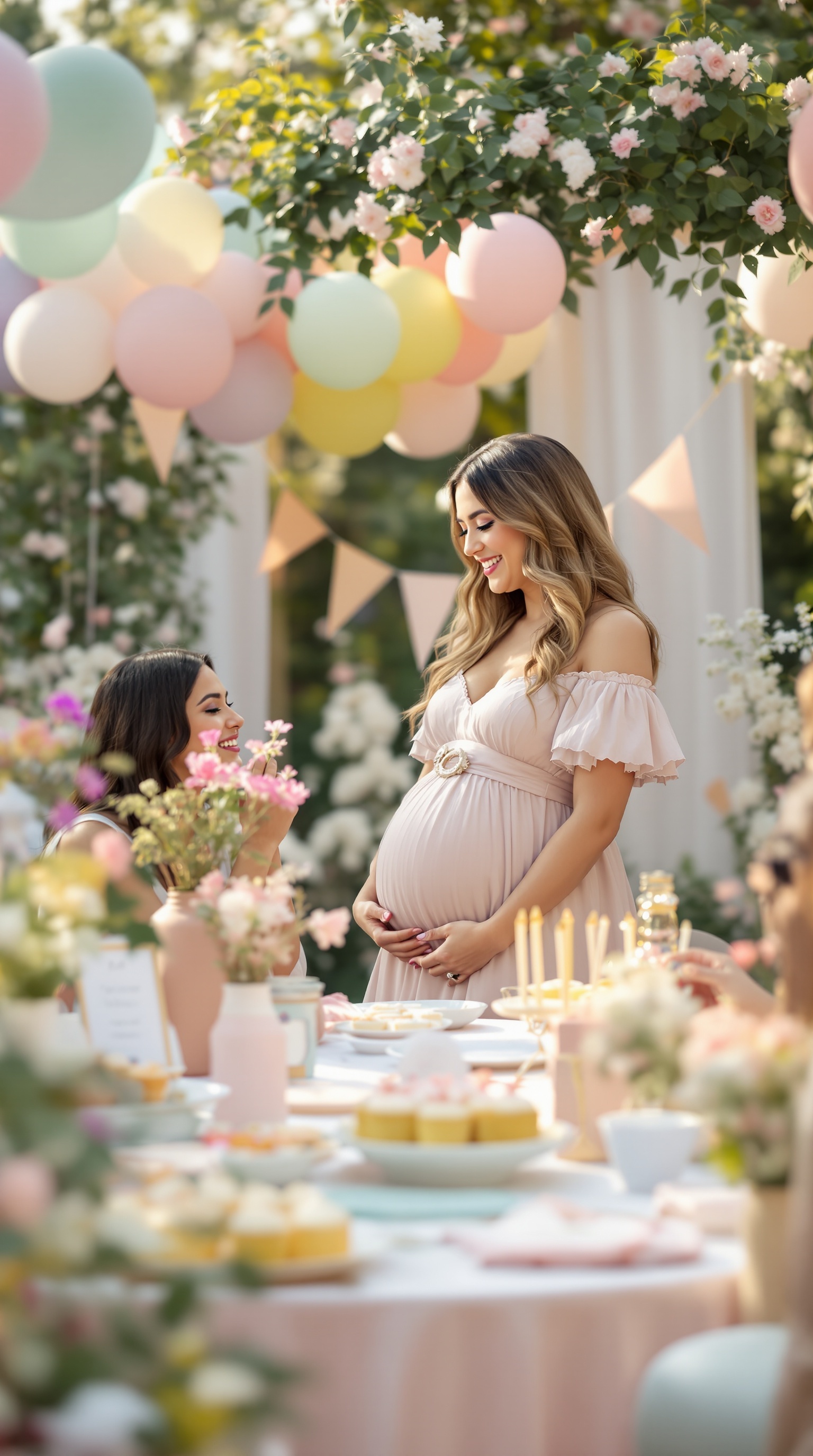 Expecting mom in a stylish dress at a gender reveal party surrounded by pastel decorations.
