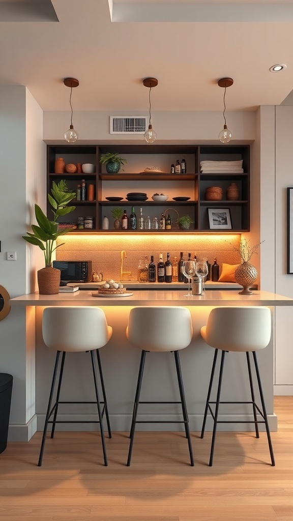 A stylish apartment bar with a light countertop, minimalist stools, and warm lighting.