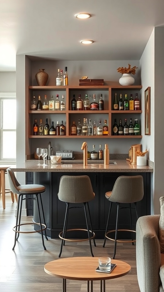 Chic basement bar area with unique wooden shelving and stylish stools