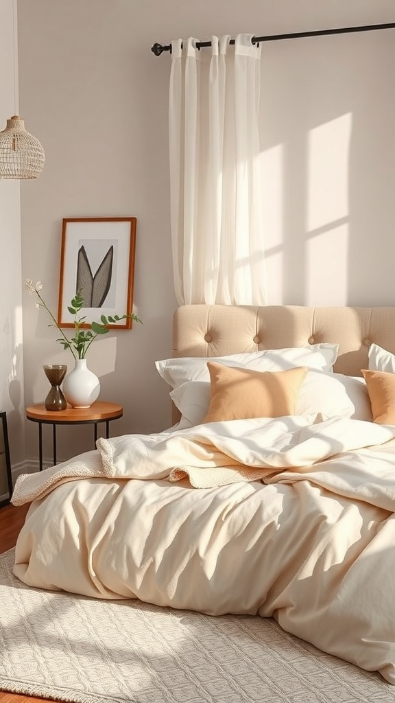 A chic bedroom featuring soft bed linens in neutral tones, with a fluffy duvet and decorative pillows.