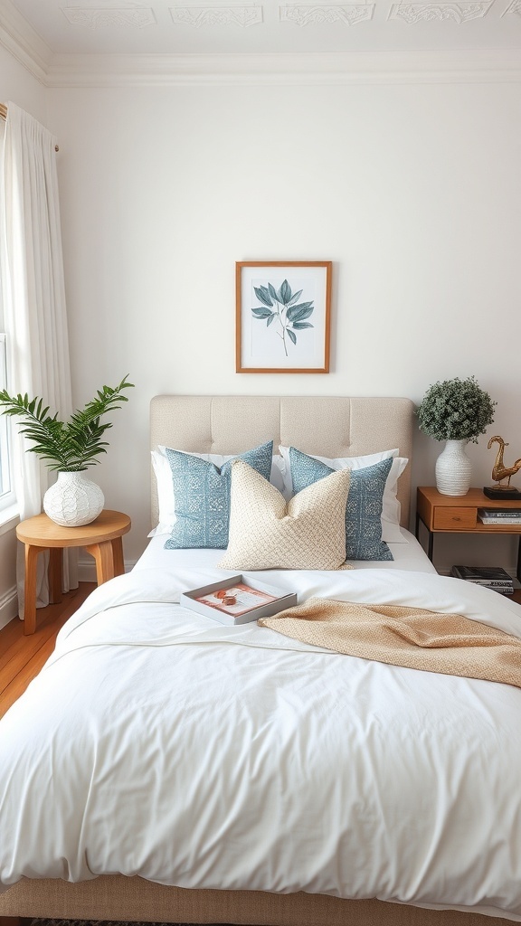A stylish small master bedroom featuring chic bedding with blue patterned pillows and a cozy throw.
