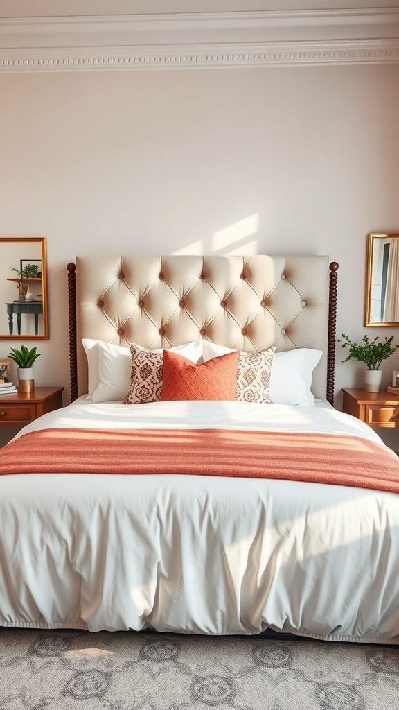Chic teen bedroom with white bedding and orange accents