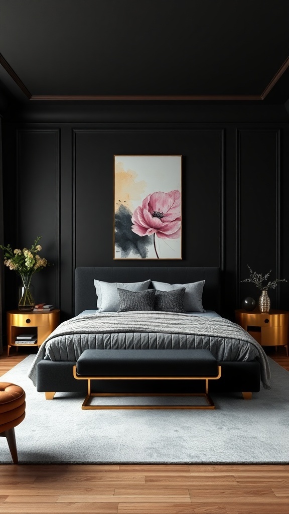 A chic black and gold bedroom featuring a black wall, gold accents, and a pink flower artwork.
