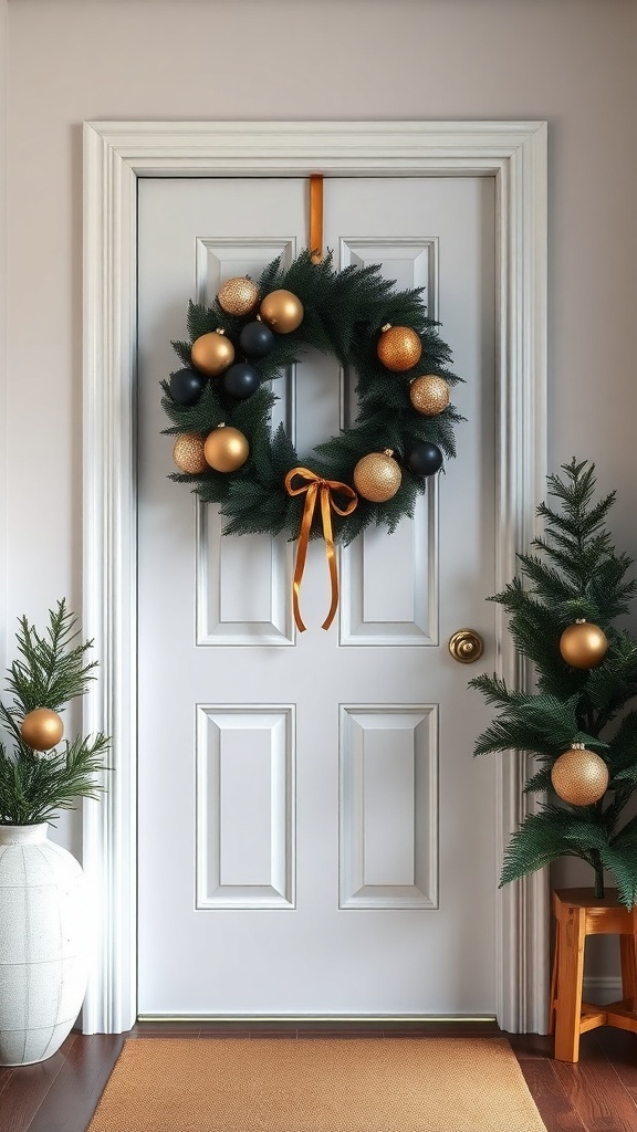 A chic black and gold wreath on a white door, with decorative evergreen trees on either side.