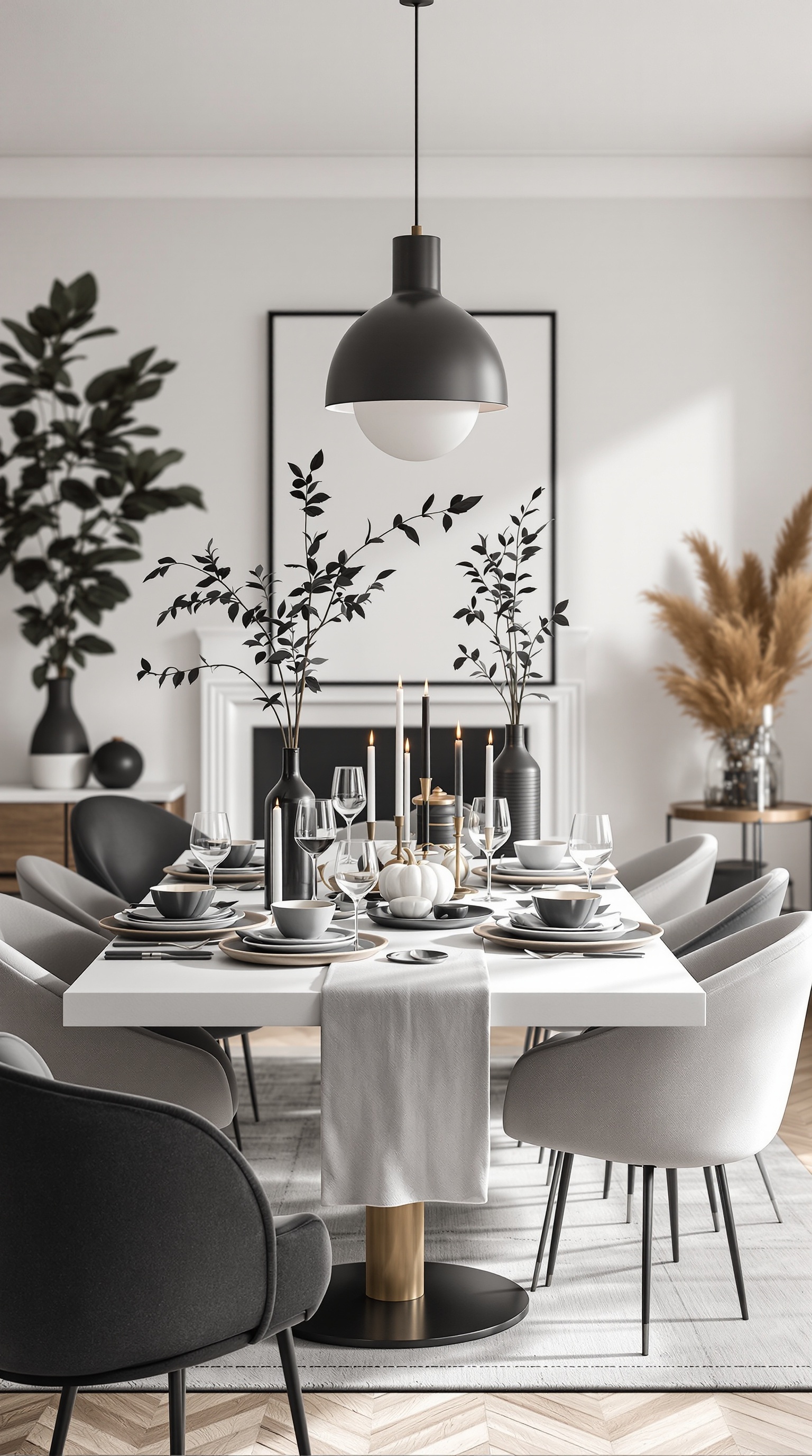 A modern black and white Thanksgiving tablescape featuring elegant tableware, candles, and decorative foliage.