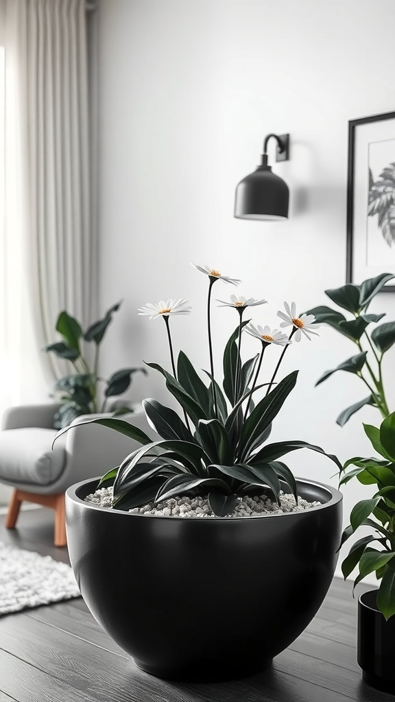 A modern black planter with white flowers, showcasing a chic black and white theme.